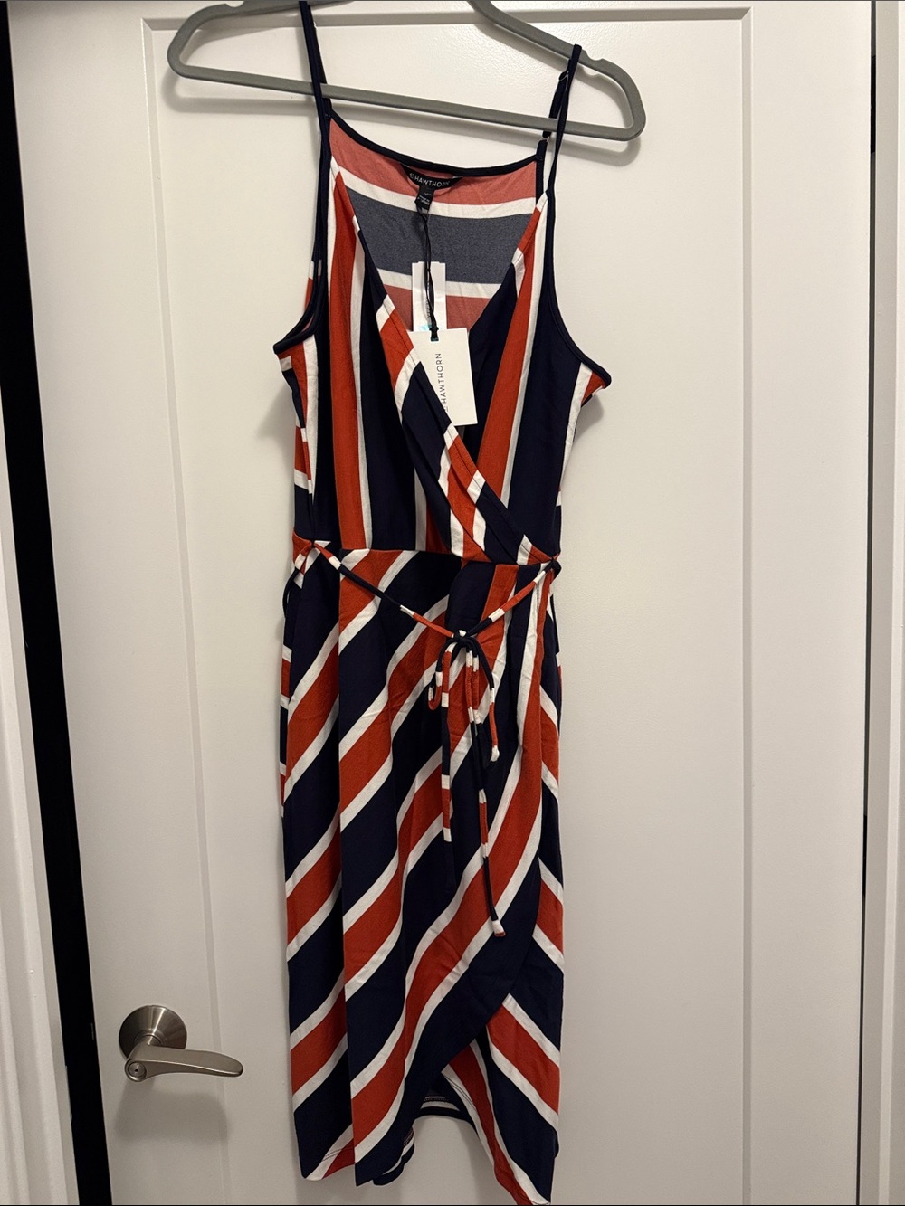 41 Hawthorn Striped Wrap Midi Dress in Navy, Rust, and White
